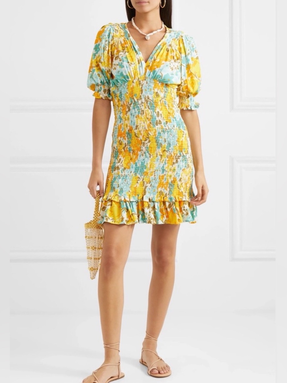 Faithful The Brand Margherita Floral Puff-Sleeve Smocked Mini Dress Size 4